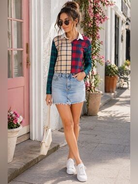 Almost Famous Mixed Plaid Cropped Blouse | Patchwork Preppy Top